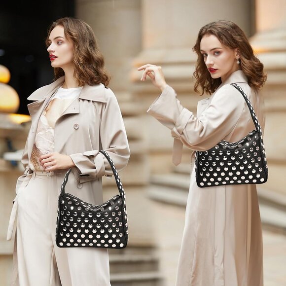 Y2K Black Vegan Leather Studded Shoulder Bag with Zipper Closure - Picture 2 of 7